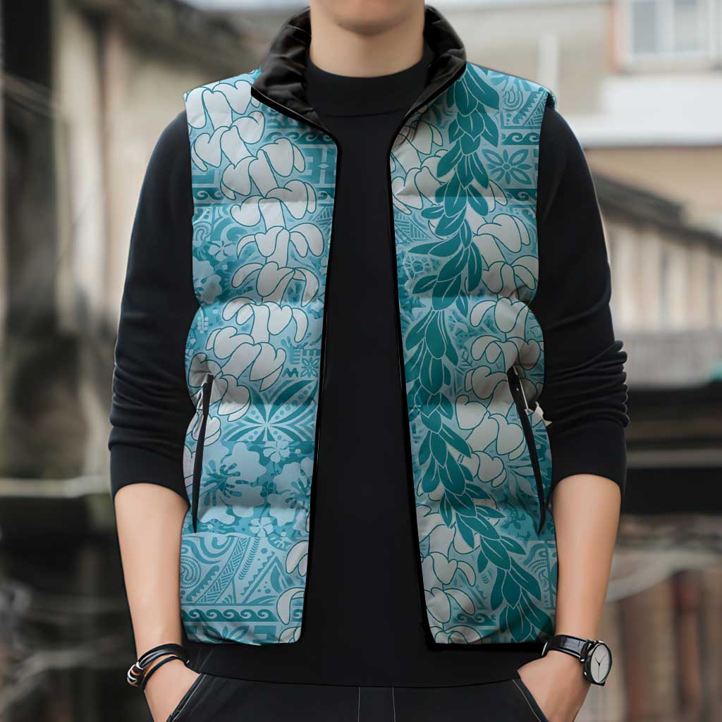 Blue Puakenikeni and Maile Lei Sleeveless Puffer Jacket Hawaiian Style Tribal Tapa Double Strand Lei LT9 - Polynesian Pride