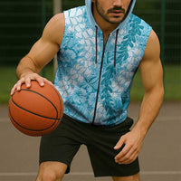 Blue Puakenikeni and Maile Lei Sleeveless Zip Hoodie Hawaiian Style Tribal Tapa Double Strand Lei LT9 - Polynesian Pride