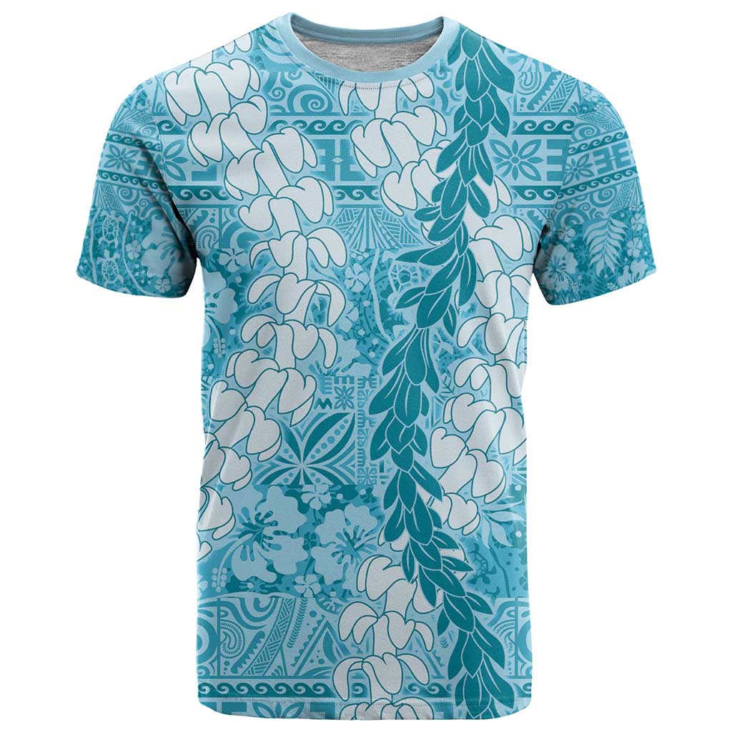 Blue Puakenikeni and Maile Lei T Shirt Hawaiian Style Tribal Tapa Double Strand Lei LT9 Blue - Polynesian Pride