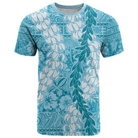 Blue Puakenikeni and Maile Lei T Shirt Hawaiian Style Tribal Tapa Double Strand Lei LT9 Blue - Polynesian Pride