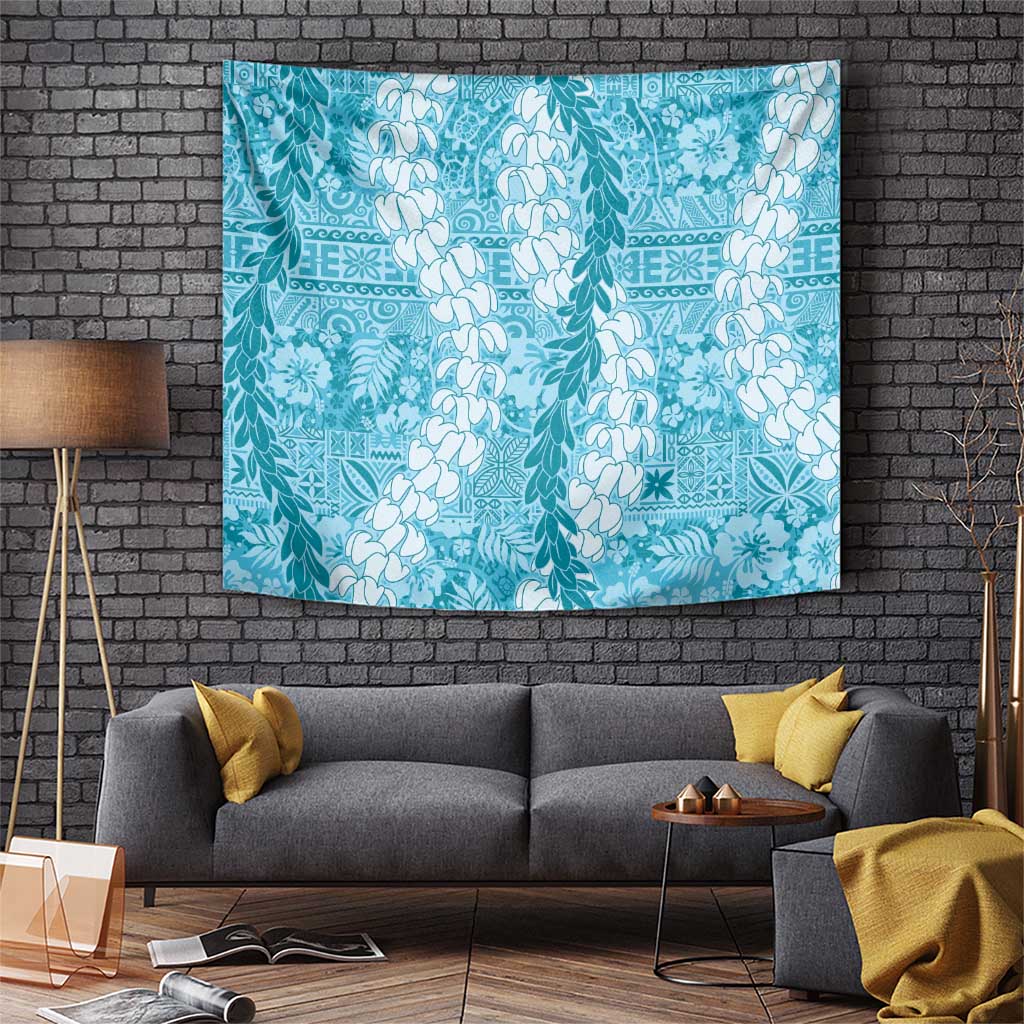Blue Puakenikeni and Maile Lei Tapestry Hawaiian Style Tribal Tapa Double Strand Lei