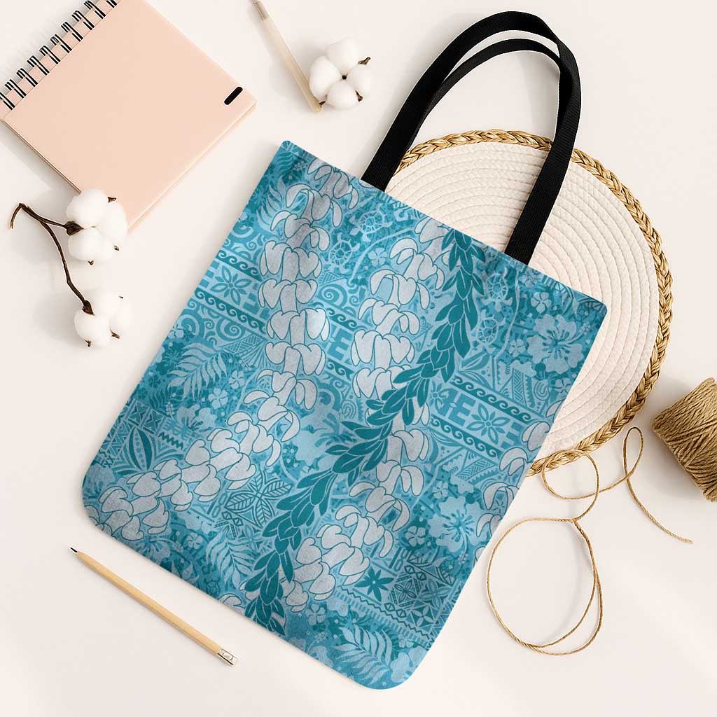 Blue Puakenikeni and Maile Lei Tote Bag Hawaiian Style Tribal Tapa Double Strand Lei LT9 Black Strap One Size Blue - Polynesian Pride