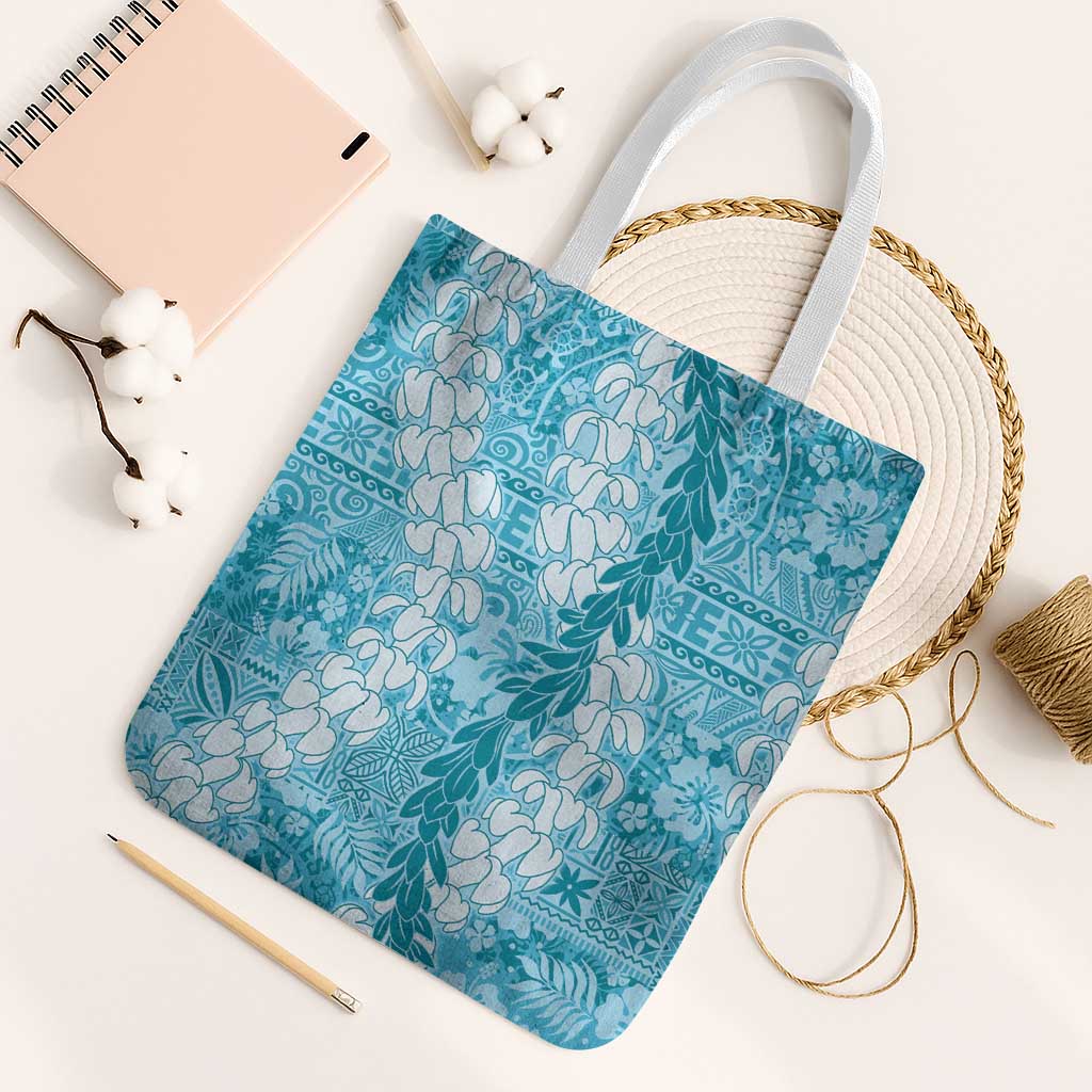 Blue Puakenikeni and Maile Lei Tote Bag Hawaiian Style Tribal Tapa Double Strand Lei LT9 White Strap One Size Blue - Polynesian Pride