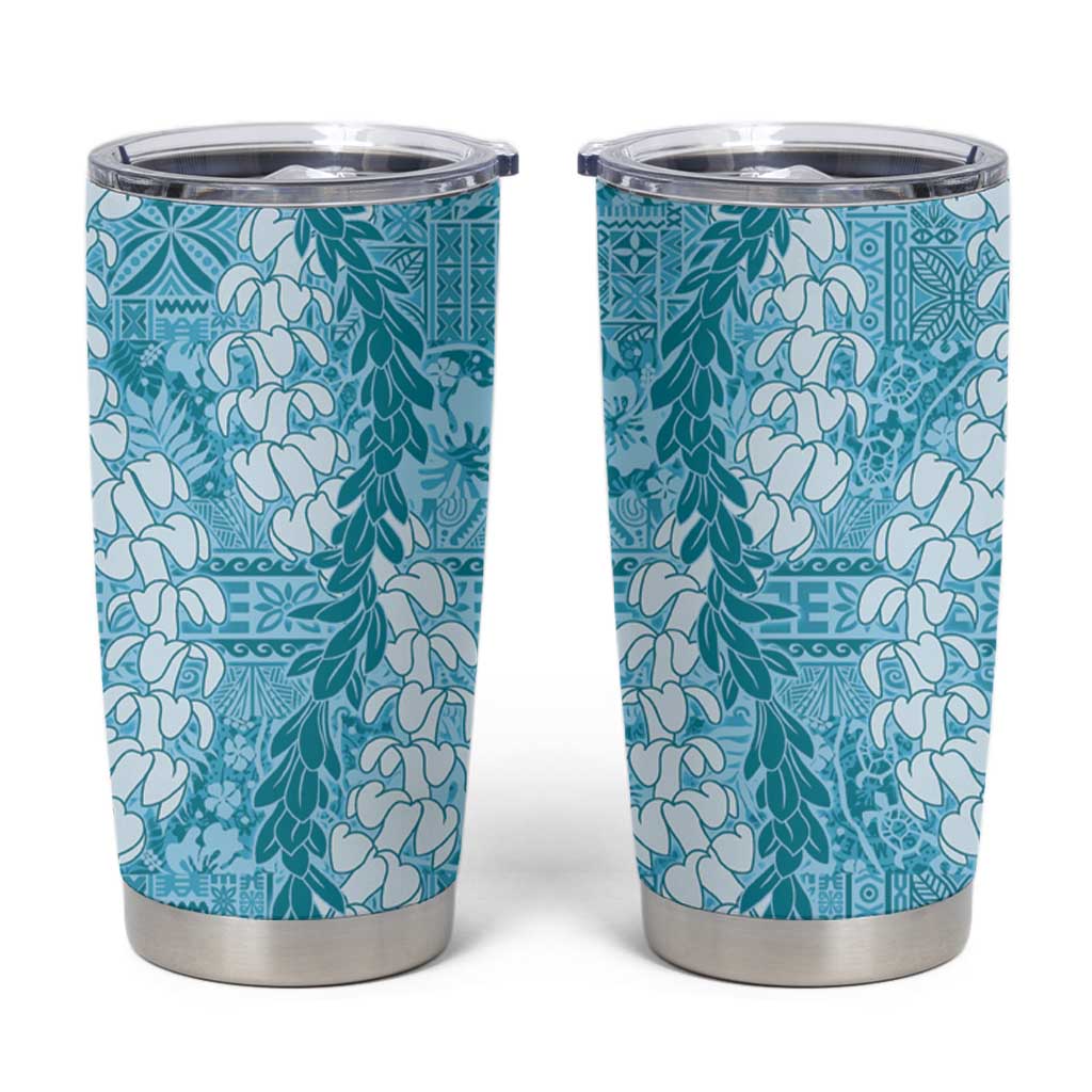 Blue Puakenikeni and Maile Lei Tumbler Cup Hawaiian Style Tribal Tapa Double Strand Lei LT9 Blue - Polynesian Pride