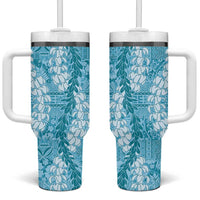 Blue Puakenikeni and Maile Lei Tumbler With Handle Hawaiian Style Tribal Tapa Double Strand Lei LT9 One Size: 40 oz Blue - Polynesian Pride