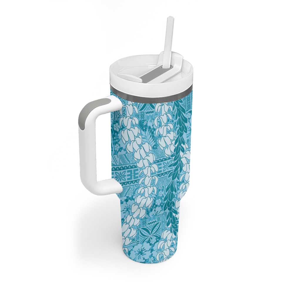 Blue Puakenikeni and Maile Lei Tumbler With Handle Hawaiian Style Tribal Tapa Double Strand Lei LT9 - Polynesian Pride