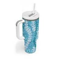 Blue Puakenikeni and Maile Lei Tumbler With Handle Hawaiian Style Tribal Tapa Double Strand Lei LT9 - Polynesian Pride