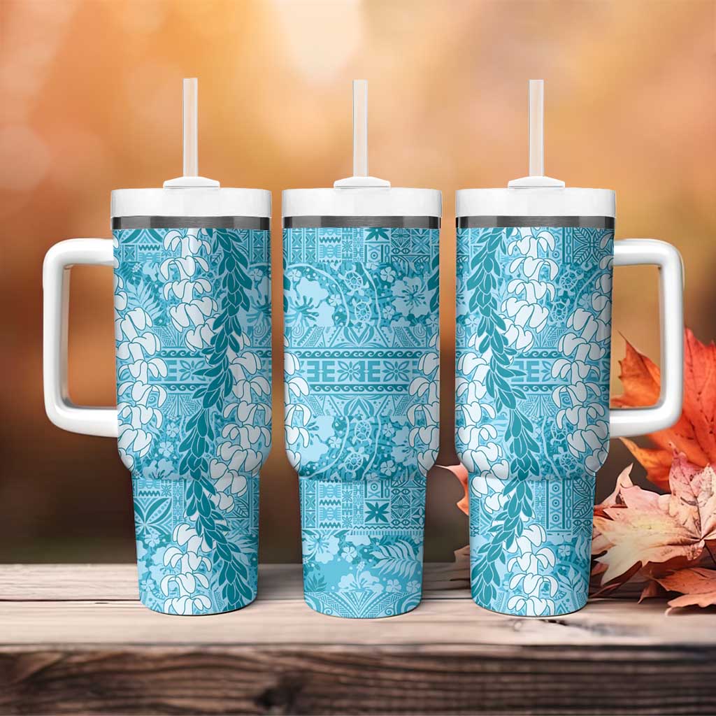 Blue Puakenikeni and Maile Lei Tumbler With Handle Hawaiian Style Tribal Tapa Double Strand Lei LT9 - Polynesian Pride