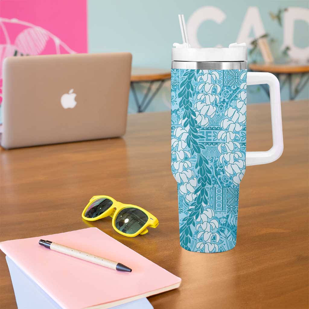Blue Puakenikeni and Maile Lei Tumbler With Handle Hawaiian Style Tribal Tapa Double Strand Lei LT9 - Polynesian Pride