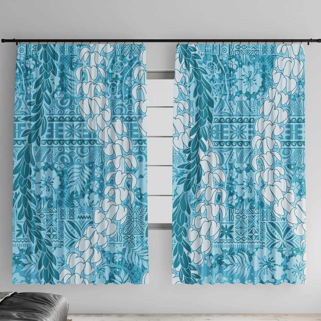 Blue Puakenikeni and Maile Lei Window Curtain Hawaiian Style Tribal Tapa Double Strand Lei LT9 With Hooks Blue - Polynesian Pride