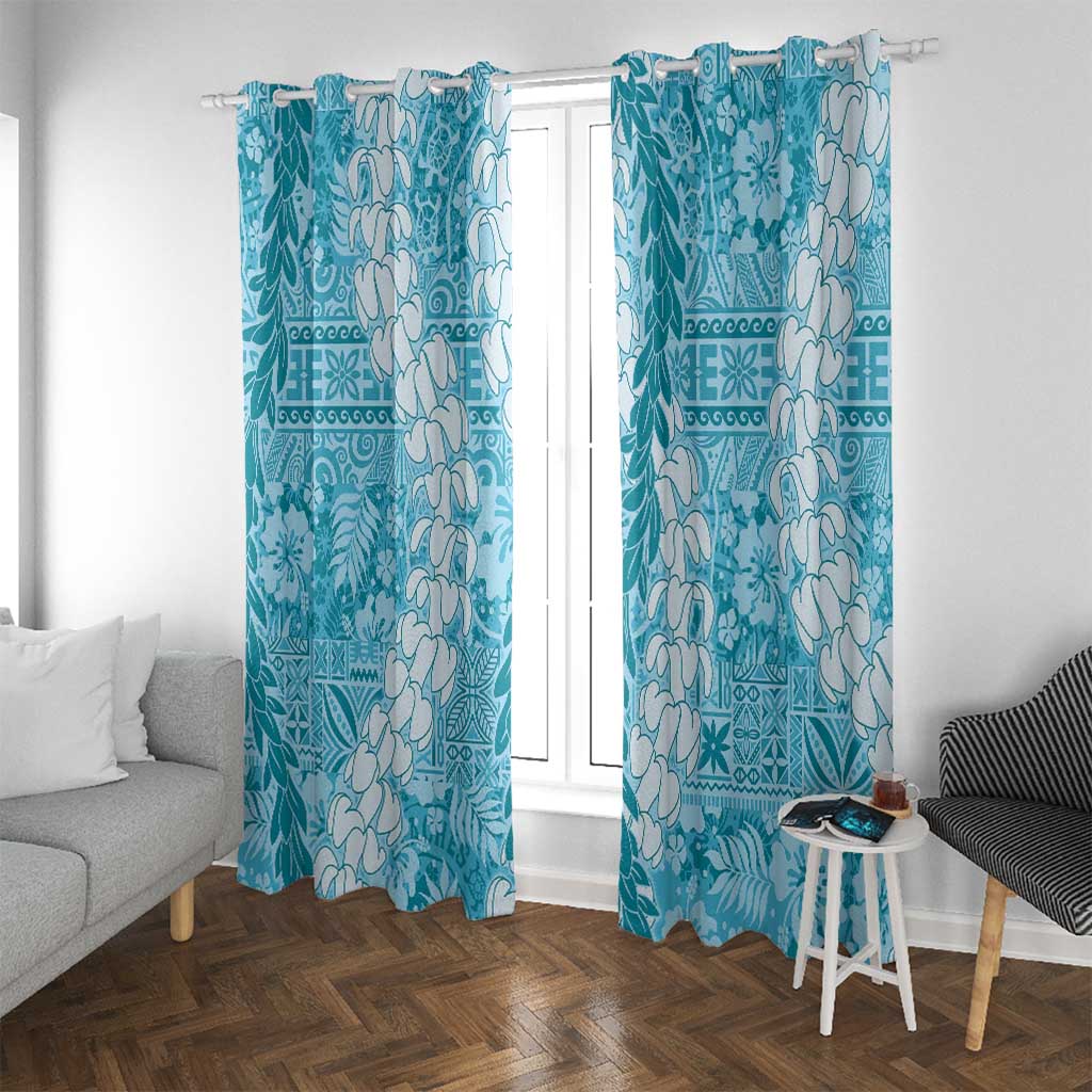 Blue Puakenikeni and Maile Lei Window Curtain Hawaiian Style Tribal Tapa Double Strand Lei LT9 With Grommets Blue - Polynesian Pride
