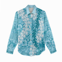 Blue Puakenikeni and Maile Lei Women Casual Shirt Hawaiian Style Tribal Tapa Double Strand Lei LT9 - Polynesian Pride