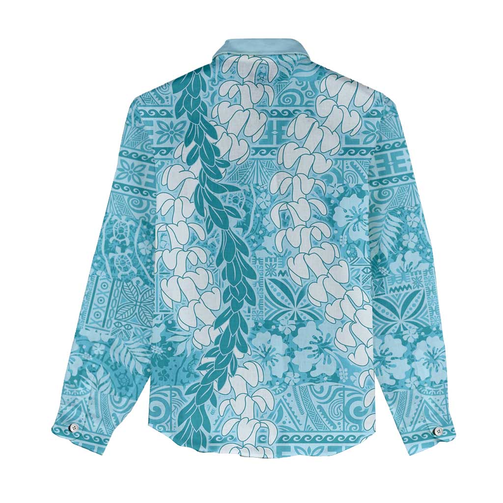 Blue Puakenikeni and Maile Lei Women Casual Shirt Hawaiian Style Tribal Tapa Double Strand Lei LT9 - Polynesian Pride