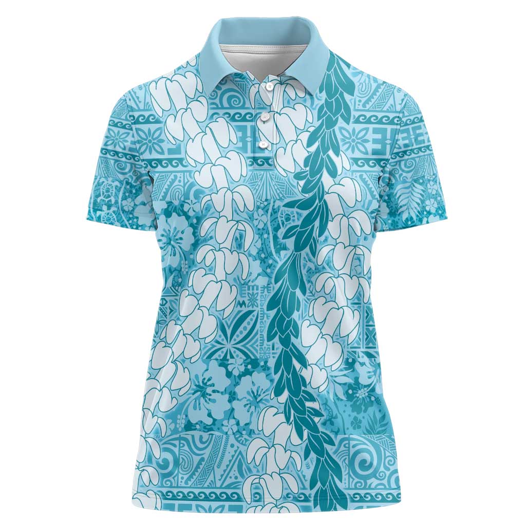 Blue Puakenikeni and Maile Lei Women Polo Shirt Hawaiian Style Tribal Tapa Double Strand Lei LT9 Female Blue - Polynesian Pride