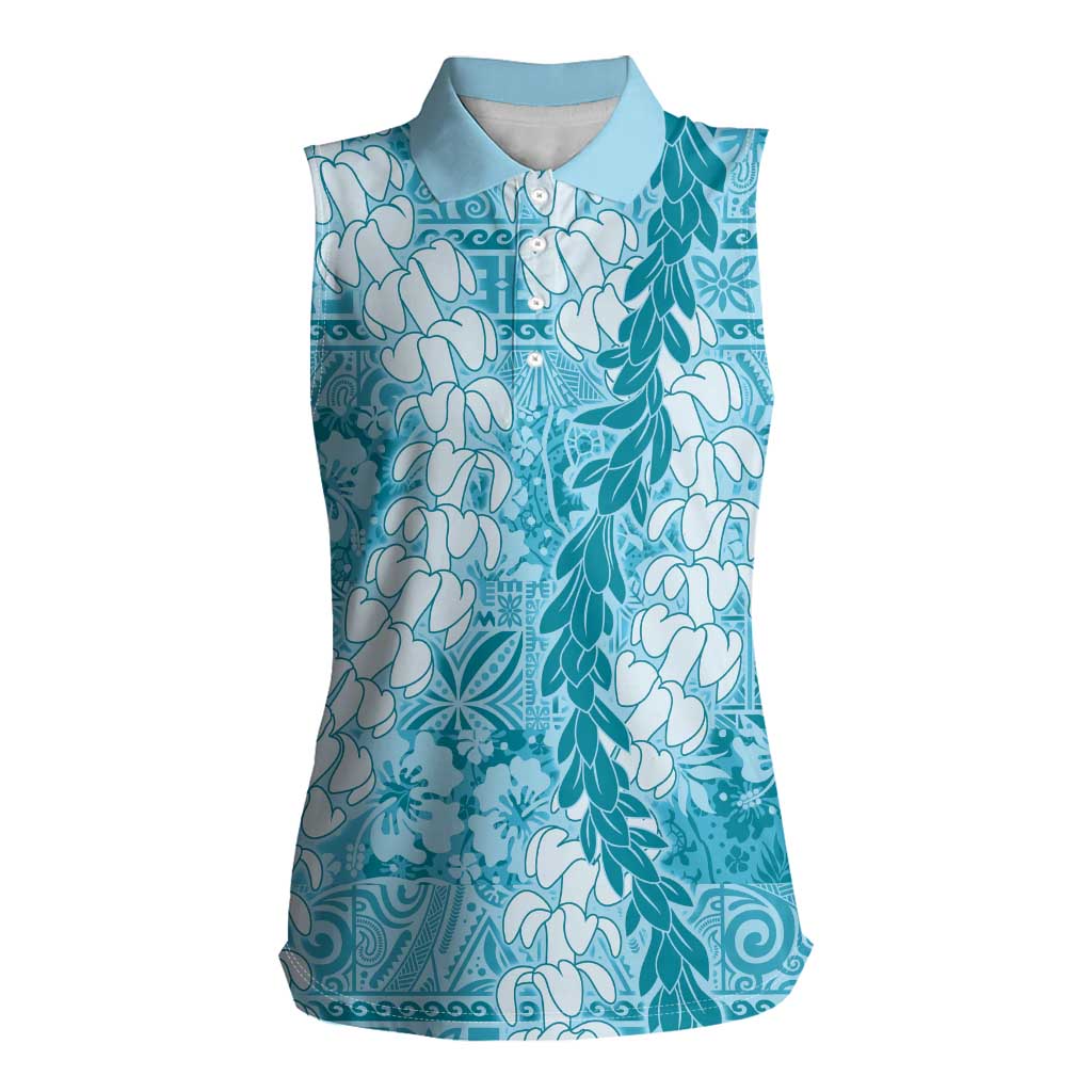 Blue Puakenikeni and Maile Lei Women Sleeveless Polo Shirt Hawaiian Style Tribal Tapa Double Strand Lei LT9 Female Blue - Polynesian Pride