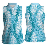 Blue Puakenikeni and Maile Lei Women Sleeveless Polo Shirt Hawaiian Style Tribal Tapa Double Strand Lei LT9 - Polynesian Pride