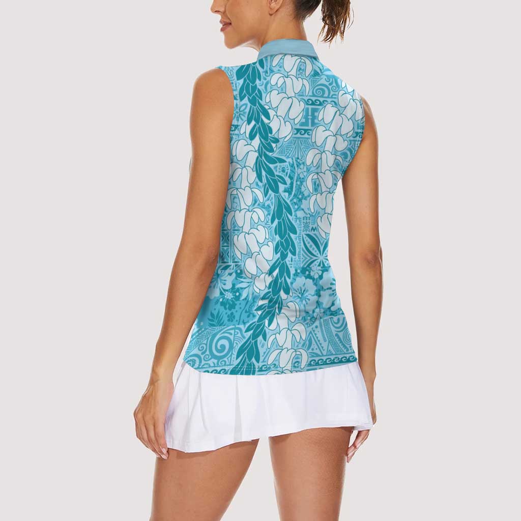 Blue Puakenikeni and Maile Lei Women Sleeveless Polo Shirt Hawaiian Style Tribal Tapa Double Strand Lei LT9 - Polynesian Pride