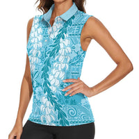 Blue Puakenikeni and Maile Lei Women Sleeveless Polo Shirt Hawaiian Style Tribal Tapa Double Strand Lei LT9 - Polynesian Pride