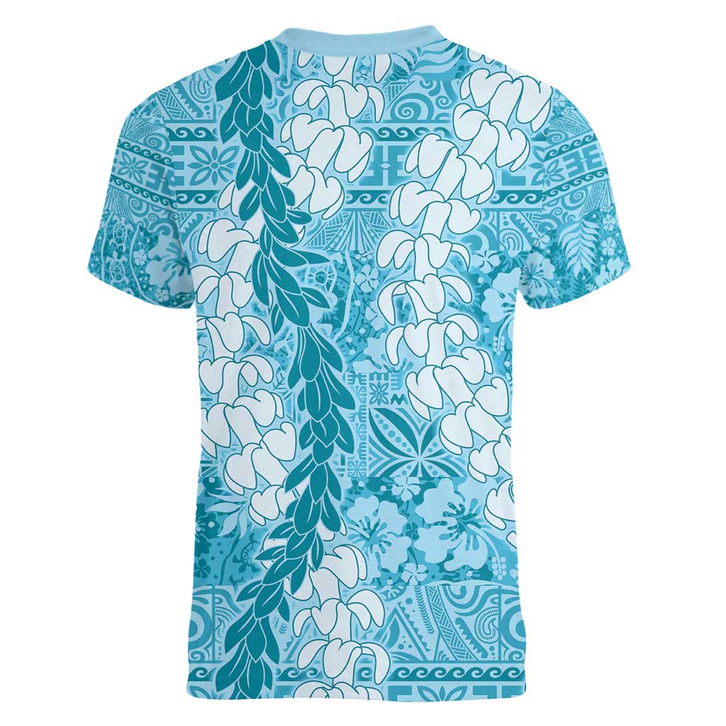 Blue Puakenikeni and Maile Lei Women V-Neck T-Shirt Hawaiian Style Tribal Tapa Double Strand Lei LT9 - Polynesian Pride