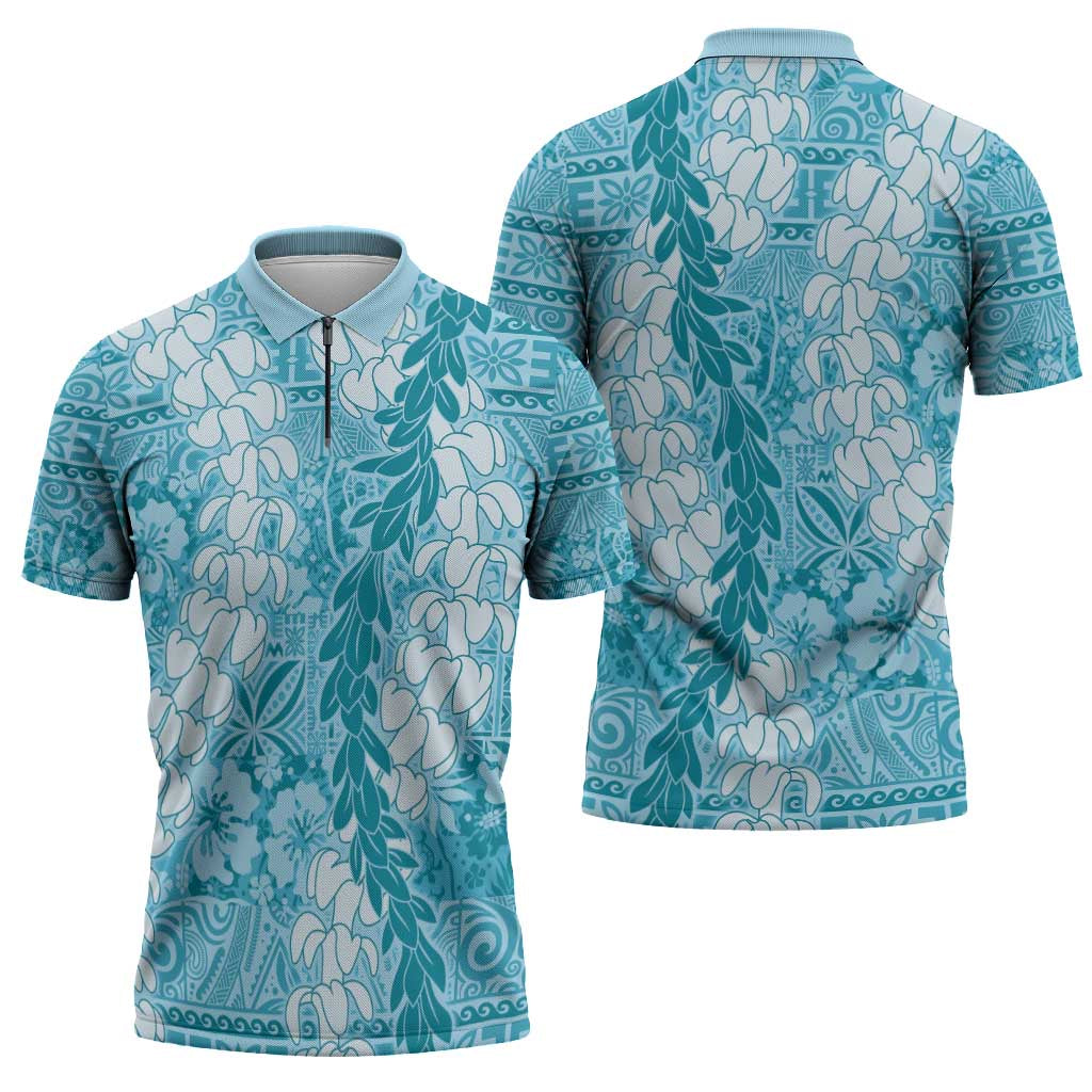 Blue Puakenikeni and Maile Lei Zipper Polo Shirt Hawaiian Style Tribal Tapa Double Strand Lei LT9 - Polynesian Pride