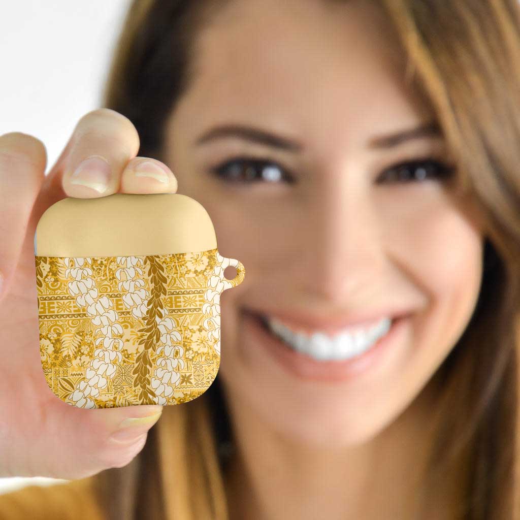 Gold Puakenikeni and Maile Lei AirPods Case Hawaiian Style Tribal Tapa Double Strand Lei LT9 Gold - Polynesian Pride