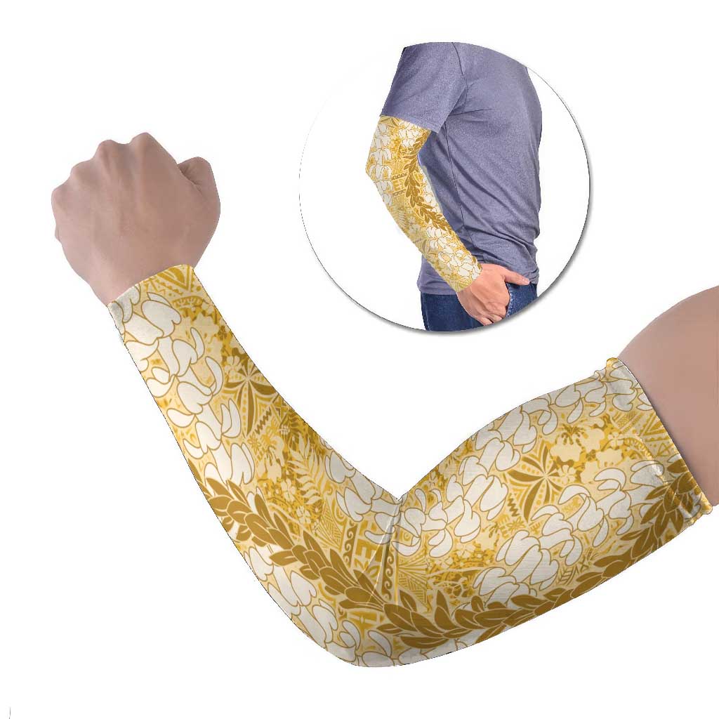 Gold Puakenikeni and Maile Lei Arm Sleeves Hawaiian Style Tribal Tapa Double Strand Lei LT9 Set of 2 Gold - Polynesian Pride