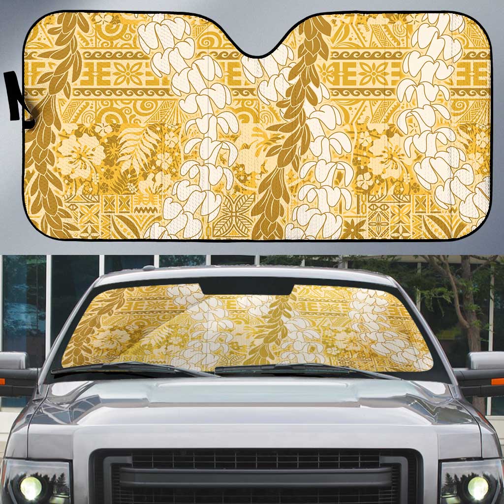 Gold Puakenikeni and Maile Lei Auto Sun Shade Hawaiian Style Tribal Tapa Double Strand Lei LT9 Gold - Polynesian Pride