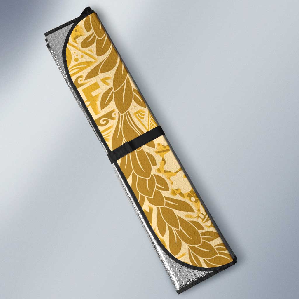 Gold Puakenikeni and Maile Lei Auto Sun Shade Hawaiian Style Tribal Tapa Double Strand Lei LT9 - Polynesian Pride