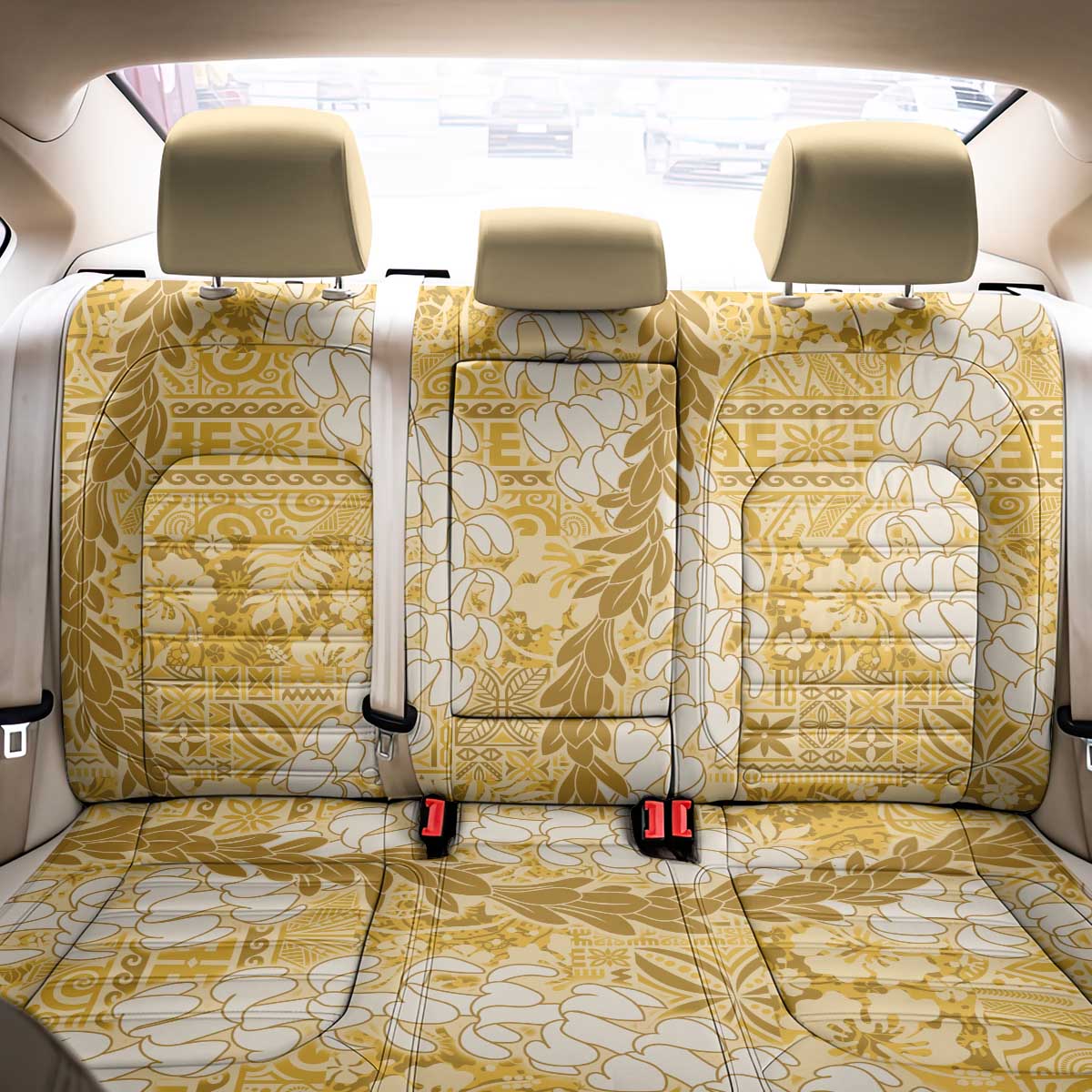Gold Puakenikeni and Maile Lei Back Car Seat Cover Hawaiian Style Tribal Tapa Double Strand Lei LT9 - Polynesian Pride