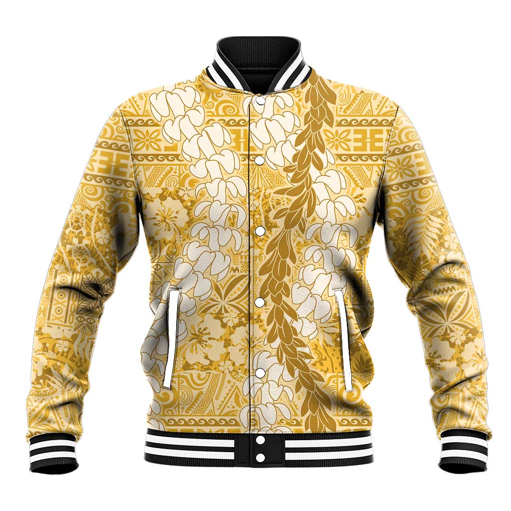 Gold Puakenikeni and Maile Lei Baseball Jacket Hawaiian Style Tribal Tapa Double Strand Lei LT9 Unisex Gold - Polynesian Pride