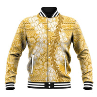 Gold Puakenikeni and Maile Lei Baseball Jacket Hawaiian Style Tribal Tapa Double Strand Lei LT9 Unisex Gold - Polynesian Pride