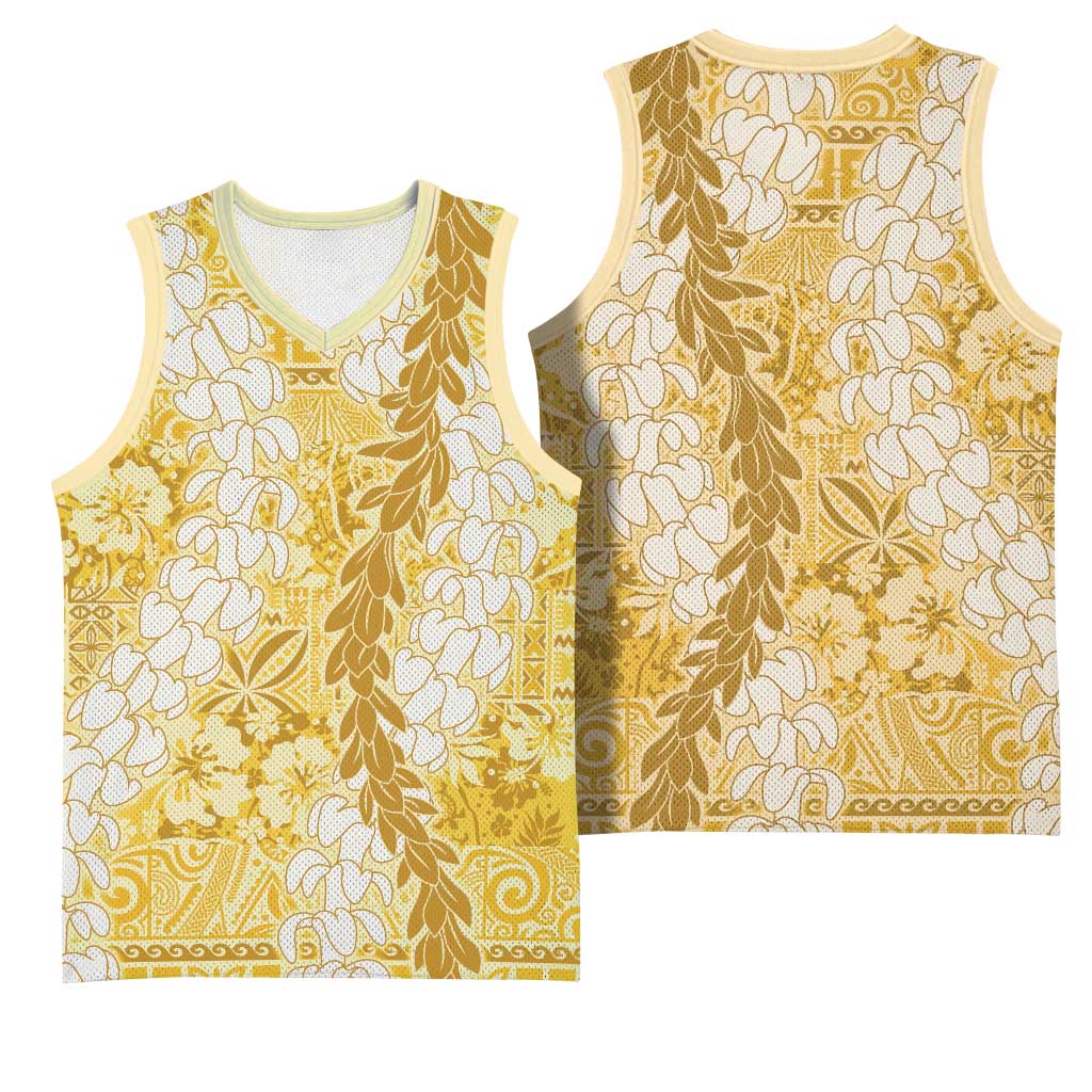 Gold Puakenikeni and Maile Lei Basketball Jersey Hawaiian Style Tribal Tapa Double Strand Lei LT9 - Polynesian Pride