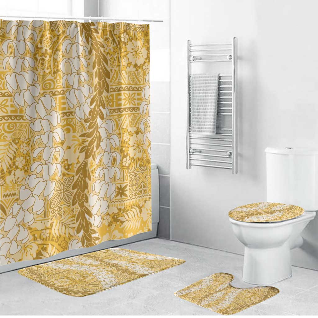 Gold Puakenikeni and Maile Lei Bathroom Set Hawaiian Style Tribal Tapa Double Strand Lei LT9 Bathroom Set (4 pcs) Gold - Polynesian Pride