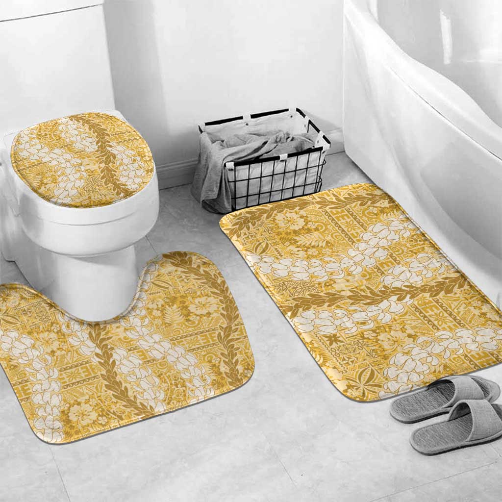 Gold Puakenikeni and Maile Lei Bathroom Set Hawaiian Style Tribal Tapa Double Strand Lei LT9 Mat Set Only (3 pcs) One Size Gold - Polynesian Pride