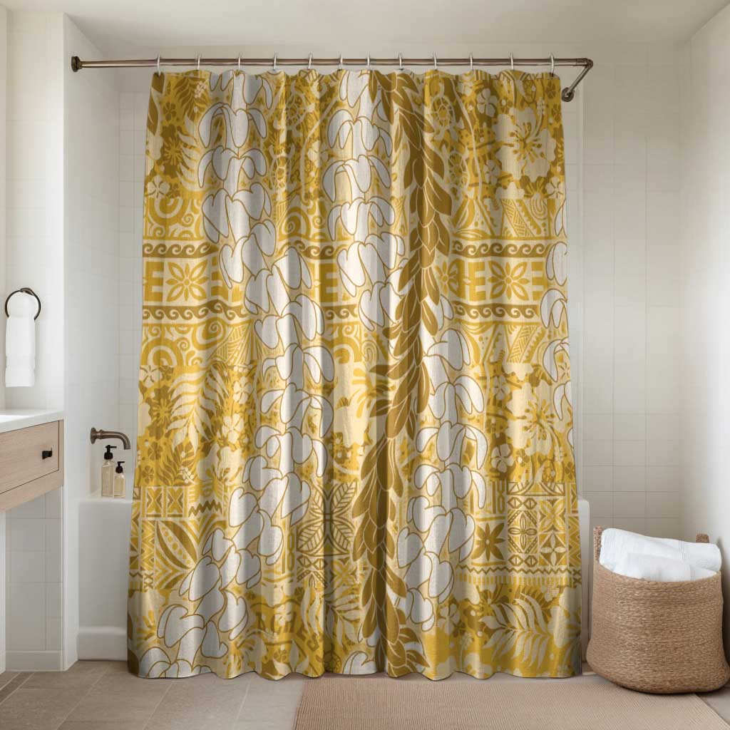 Gold Puakenikeni and Maile Lei Bathroom Set Hawaiian Style Tribal Tapa Double Strand Lei LT9 Shower Curtain Only Gold - Polynesian Pride