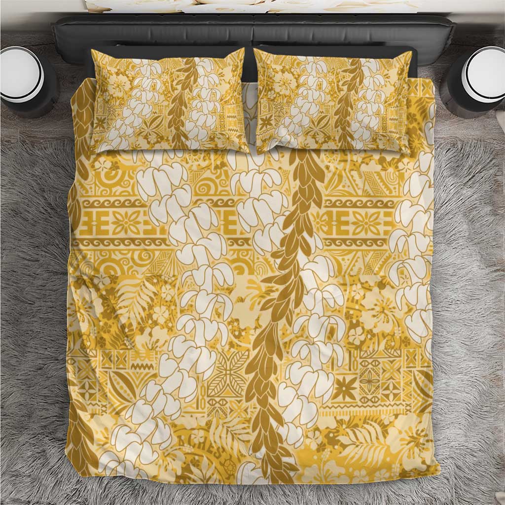 Gold Puakenikeni and Maile Lei Bedding Set Hawaiian Style Tribal Tapa Double Strand Lei LT9 Gold - Polynesian Pride