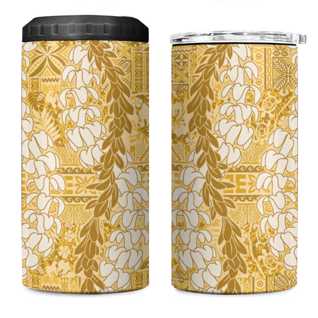 Gold Puakenikeni and Maile Lei 4 in 1 Can Cooler Tumbler Hawaiian Style Tribal Tapa Double Strand Lei LT9 One Size: 16 oz Gold - Polynesian Pride