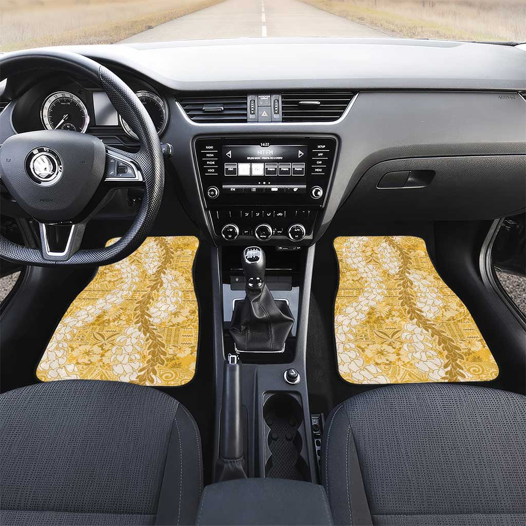 Gold Puakenikeni and Maile Lei Car Mats Hawaiian Style Tribal Tapa Double Strand Lei LT9 Set 2pcs - Front Gold - Polynesian Pride