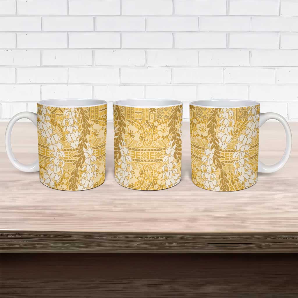 Gold Puakenikeni and Maile Lei Ceramic Mug Hawaiian Style Tribal Tapa Double Strand Lei LT9 - Polynesian Pride