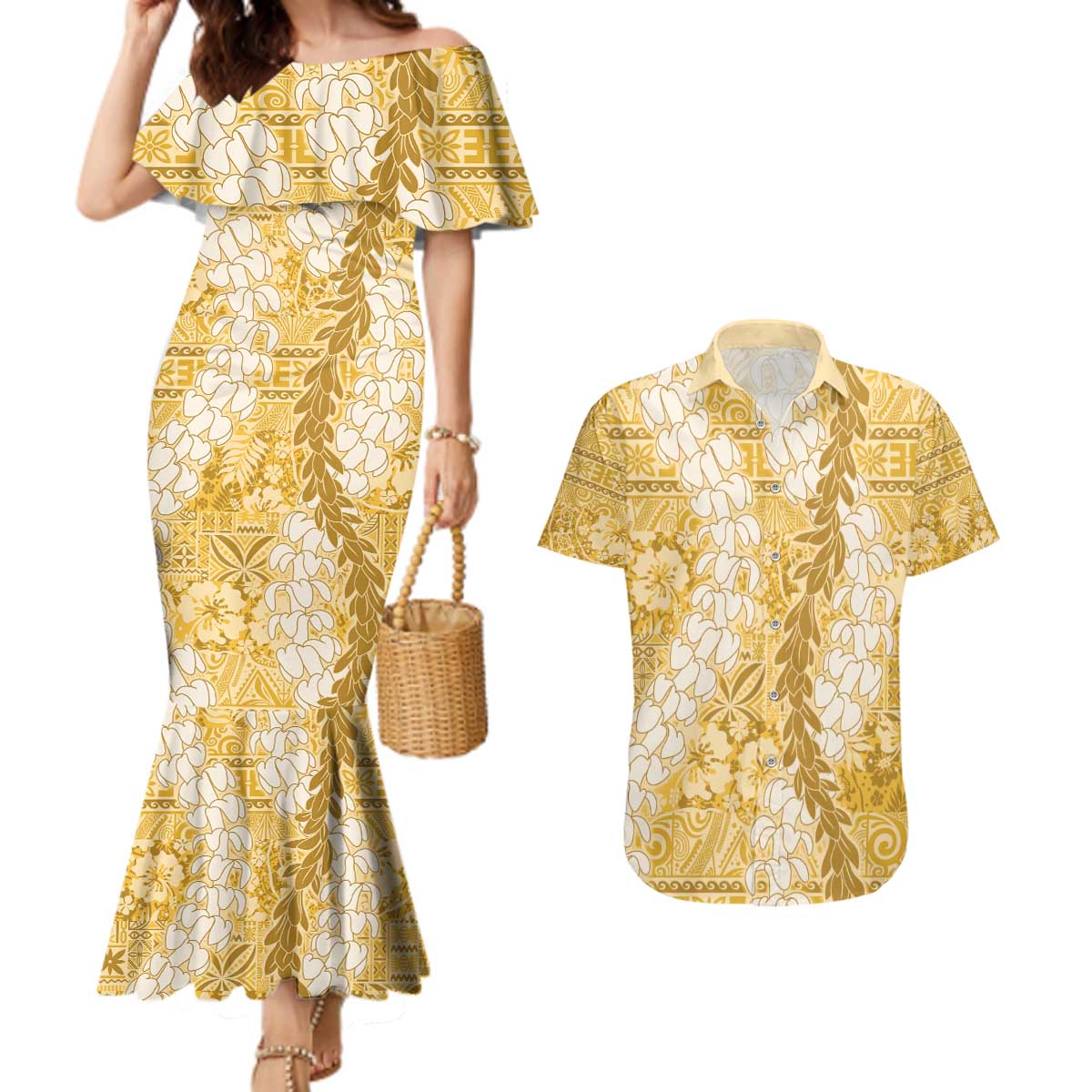 Gold Puakenikeni and Maile Lei Couples Matching Mermaid Dress and Hawaiian Shirt Hawaiian Style Tribal Tapa Double Strand Lei LT9 Gold - Polynesian Pride