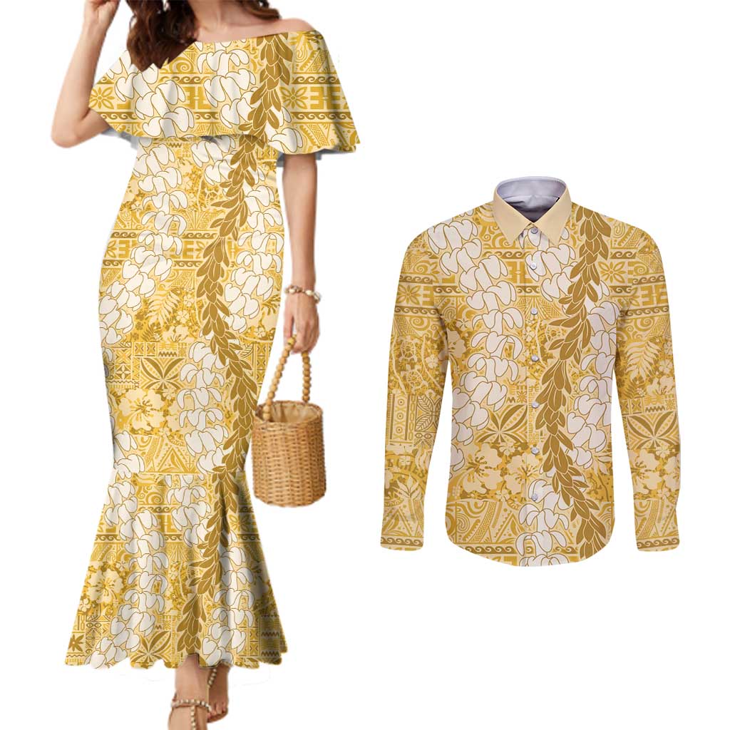 Gold Puakenikeni and Maile Lei Couples Matching Mermaid Dress and Long Sleeve Button Shirt Hawaiian Style Tribal Tapa Double Strand Lei LT9 Gold - Polynesian Pride