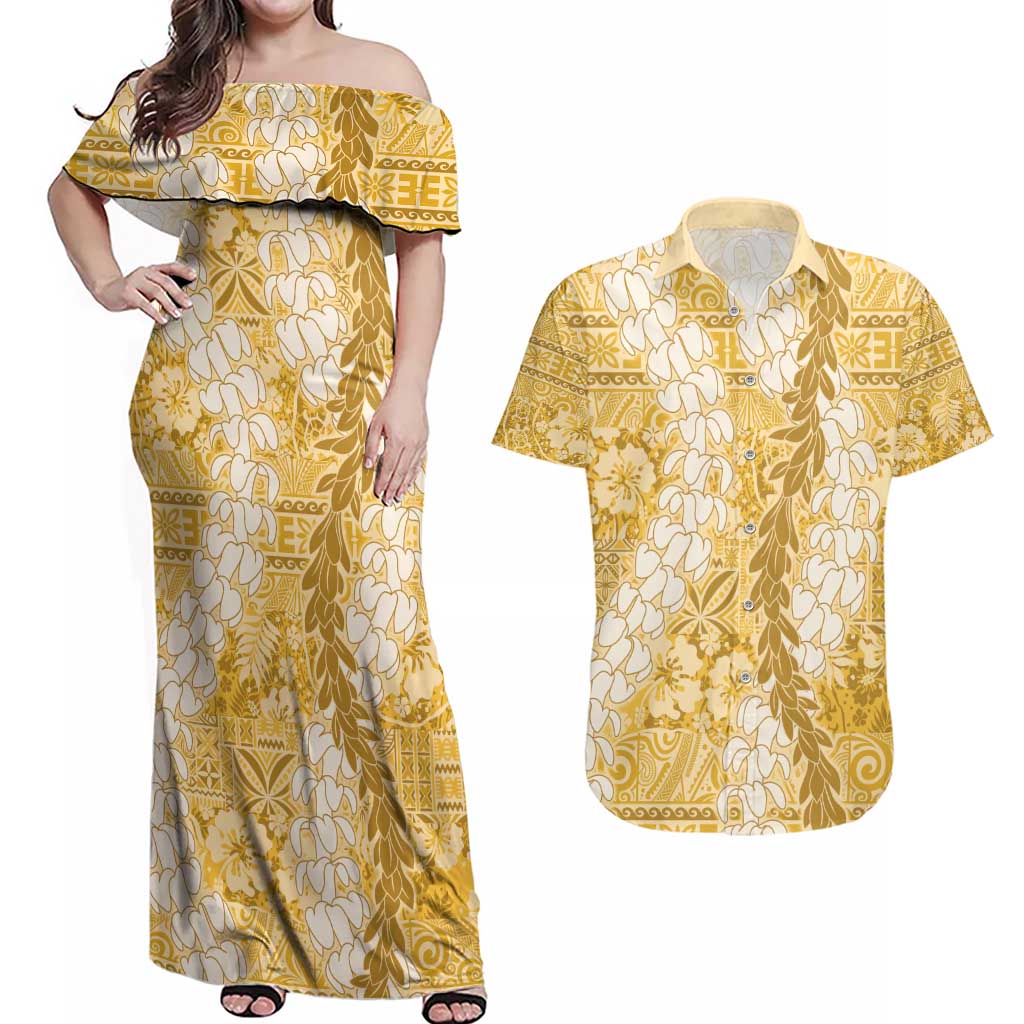 Gold Puakenikeni and Maile Lei Couples Matching Off Shoulder Maxi Dress and Hawaiian Shirt Hawaiian Style Tribal Tapa Double Strand Lei LT9 Gold - Polynesian Pride