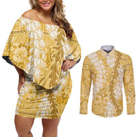 Gold Puakenikeni and Maile Lei Couples Matching Off Shoulder Short Dress and Long Sleeve Button Shirt Hawaiian Style Tribal Tapa Double Strand Lei LT9 Gold - Polynesian Pride
