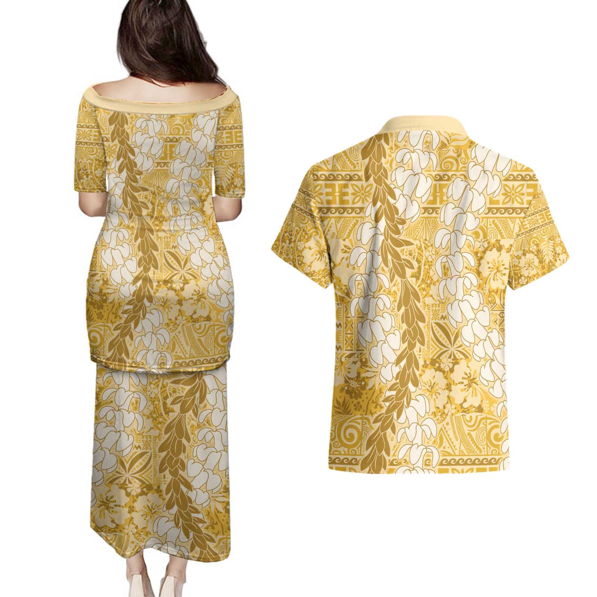 Gold Puakenikeni and Maile Lei Couples Matching Puletasi and Hawaiian Shirt Hawaiian Style Tribal Tapa Double Strand Lei LT9 - Polynesian Pride