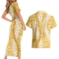 Gold Puakenikeni and Maile Lei Couples Matching Short Sleeve Bodycon Dress and Hawaiian Shirt Hawaiian Style Tribal Tapa Double Strand Lei LT9 - Polynesian Pride