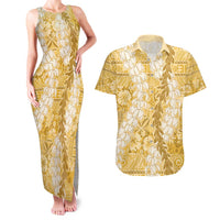 Gold Puakenikeni and Maile Lei Couples Matching Tank Maxi Dress and Hawaiian Shirt Hawaiian Style Tribal Tapa Double Strand Lei LT9 Gold - Polynesian Pride