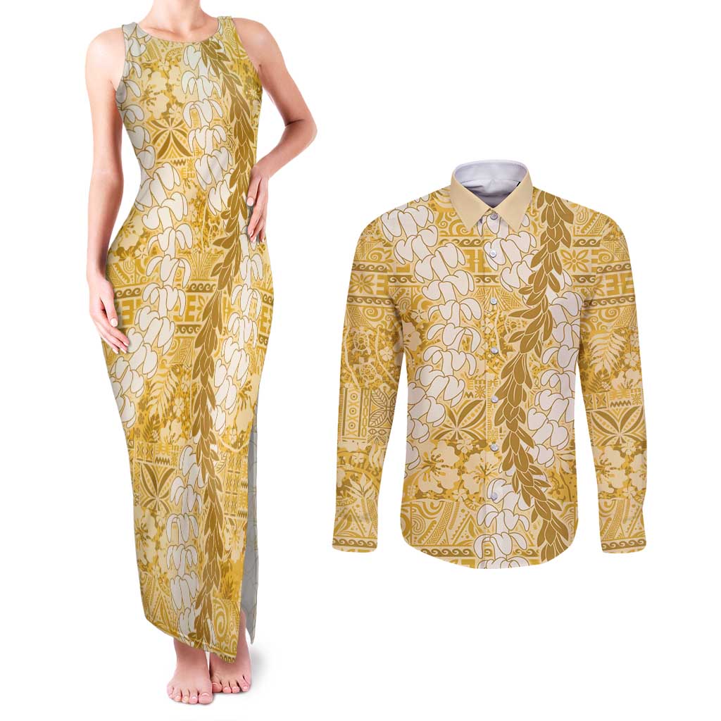 Gold Puakenikeni and Maile Lei Couples Matching Tank Maxi Dress and Long Sleeve Button Shirt Hawaiian Style Tribal Tapa Double Strand Lei LT9 Gold - Polynesian Pride