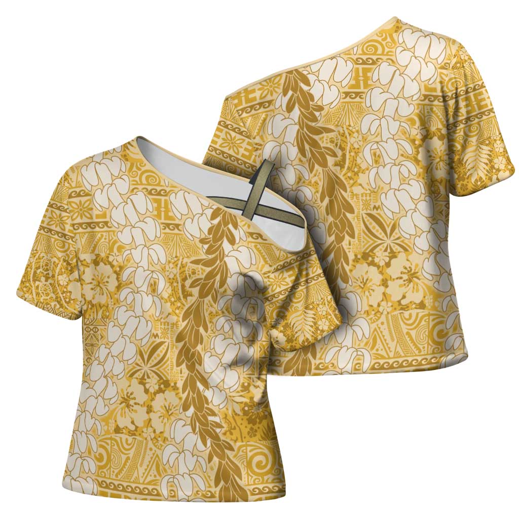 Gold Puakenikeni and Maile Lei Cross Shoulder Shirt Hawaiian Style Tribal Tapa Double Strand Lei LT9 - Polynesian Pride
