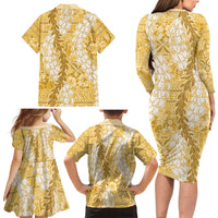 Gold Puakenikeni and Maile Lei Family Matching Long Sleeve Bodycon Dress and Hawaiian Shirt Hawaiian Style Tribal Tapa Double Strand Lei LT9 - Polynesian Pride