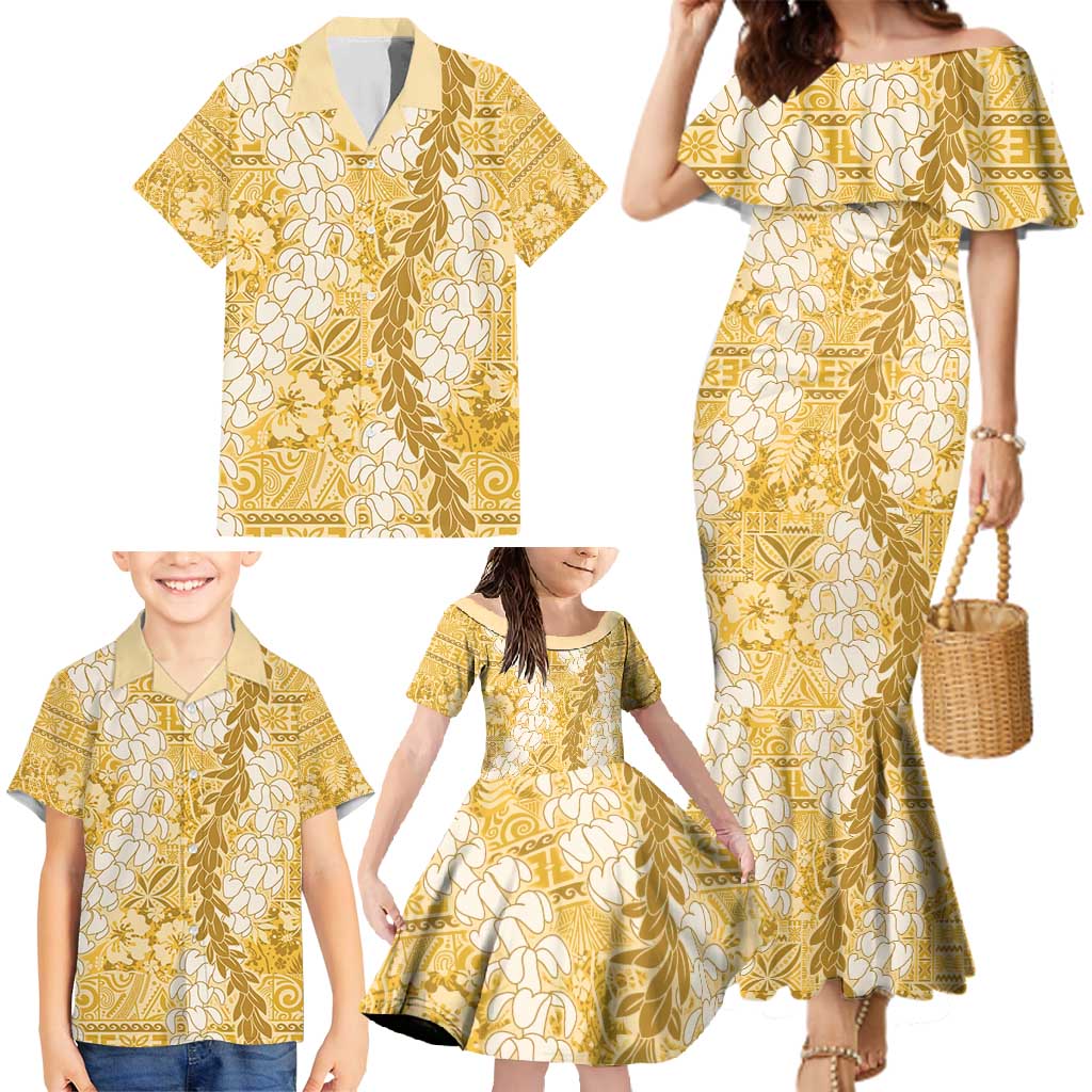Gold Puakenikeni and Maile Lei Family Matching Mermaid Dress and Hawaiian Shirt Hawaiian Style Tribal Tapa Double Strand Lei LT9 - Polynesian Pride